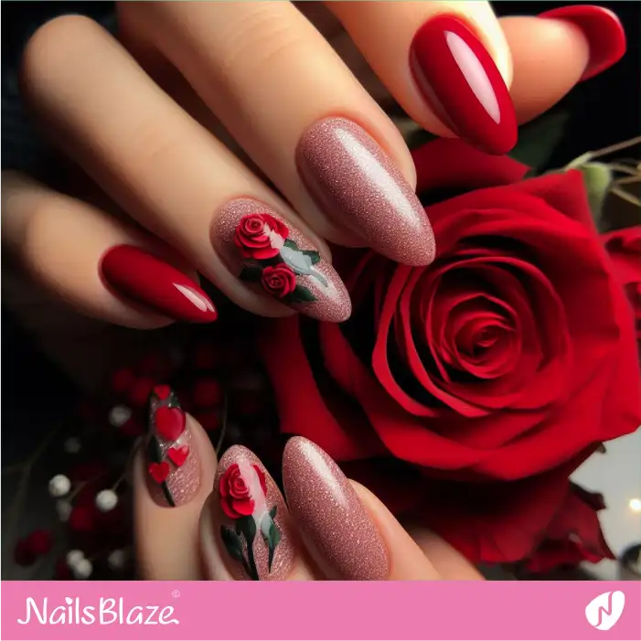 Shimmer Nails with Rose Flowers and Hearts Design | Valentine Nails - NB2112